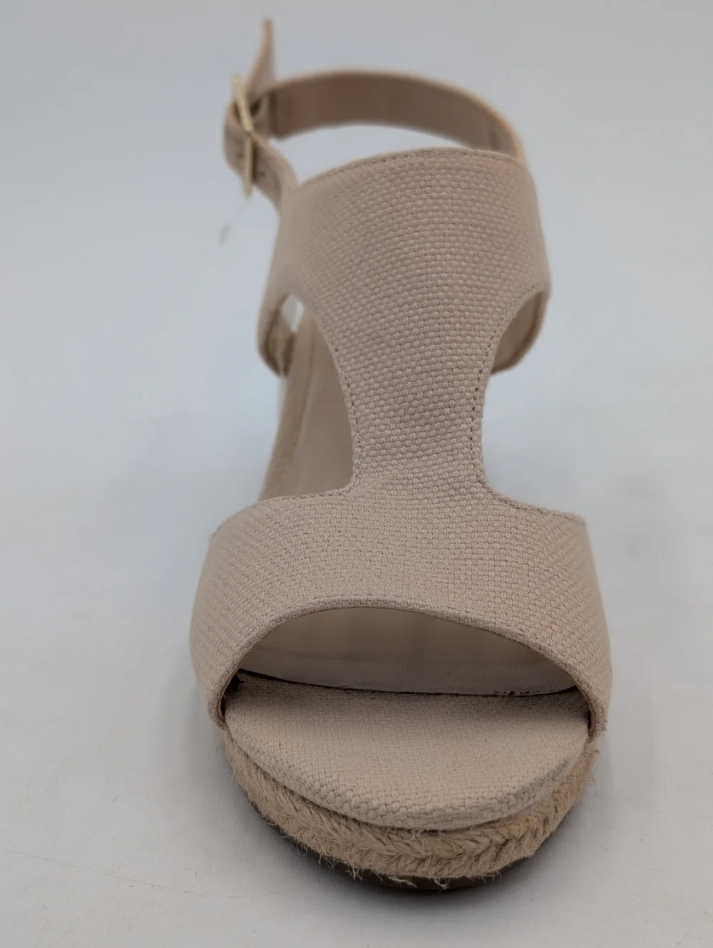 NWT Bandolino Sz 8 Neutral Tan Espadrille Wedge Gold Color Buckle Ankle Straps